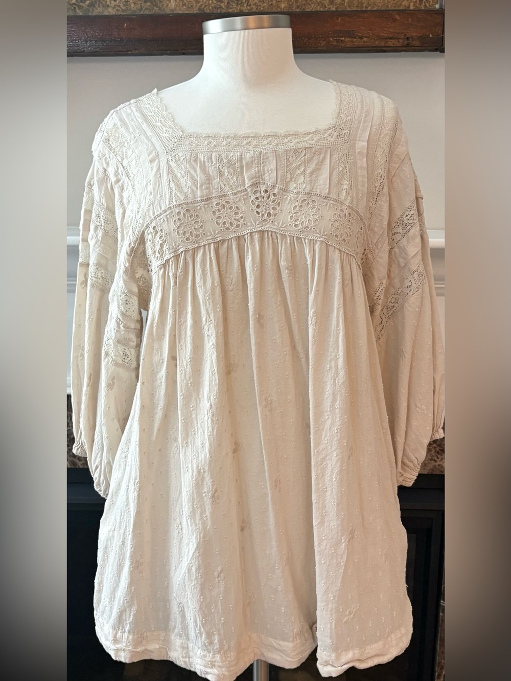 Free People Women's Ivory 3/4 Sleeve Swiss Dot Babydoll Dress Size Small